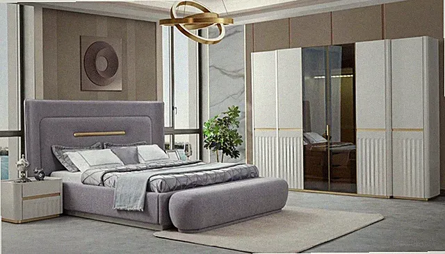 Schlafzimmer Set Kleiderschrank Bett 2x Nachttische Sitzbank Violett Komplett