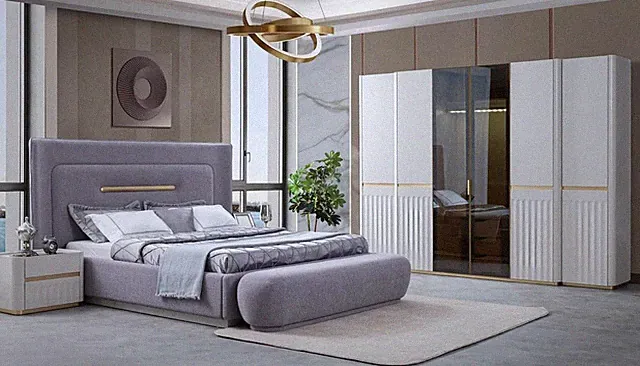 Schlafzimmer Set Kleiderschrank Bett 2x Nachttische Sitzbank Violett Komplett