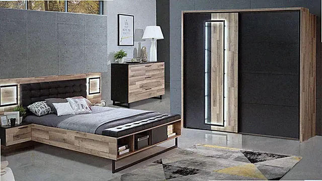 Schlafzimmer Sirius Crown Set mit LED Beleuchtung 3-teilig Stabeiche 180x200 cm