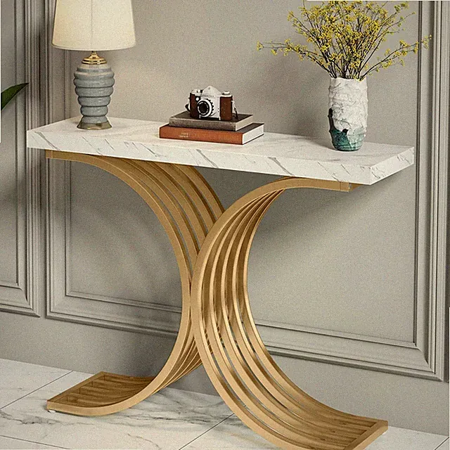 Schmal Konsolentisch Beistelltisch mit Gold Metallgestell für Eingang,Wohnzimmer