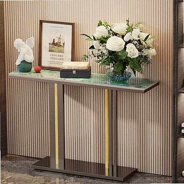 Schmal Luxus Konsolentisch Marmor Sofa Beistelltisch mit Metallgestell 2-Ablagen