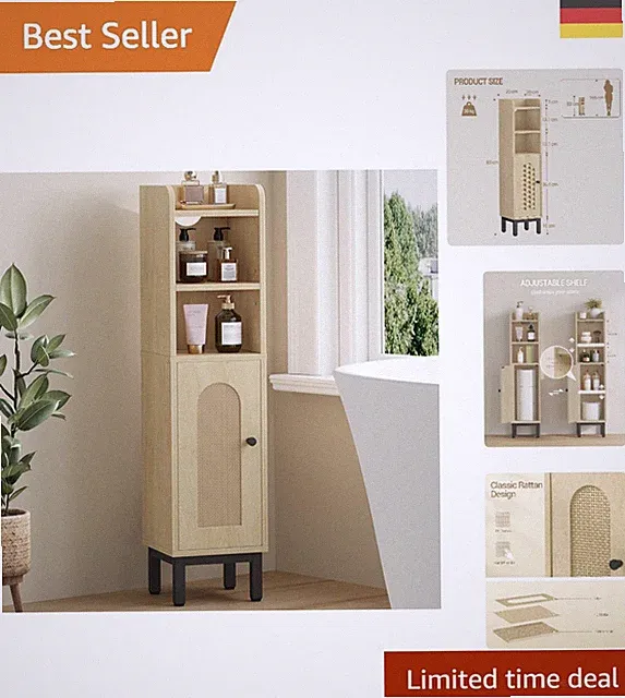 Schmaler Badezimmerschrank mit verstellbaren Regalen – Helle Eiche 20x20x83cm