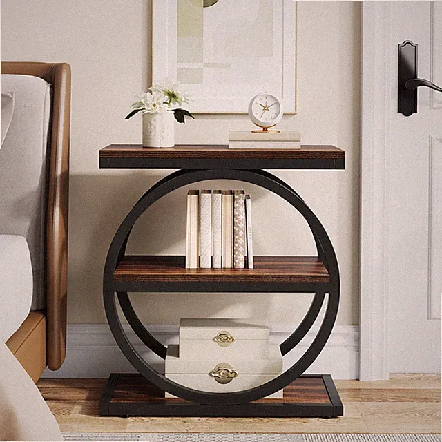 Schmaler Beistelltisch, 3-Tier Holz Beistelltisch mit schwarzen Metallgestellen