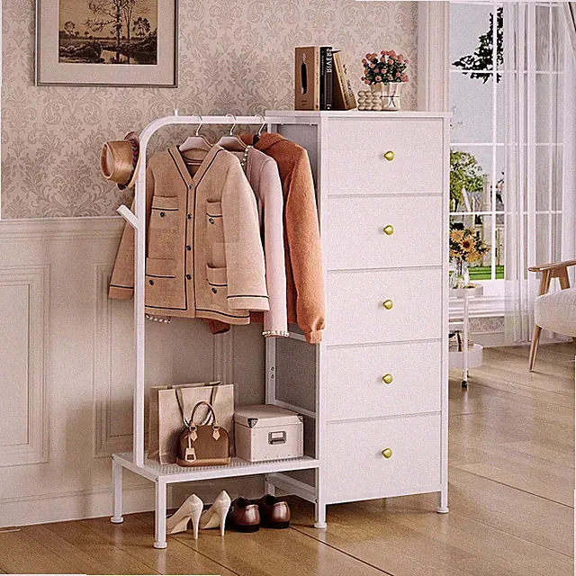 Schmaler Stoffkommode mit 5 Schubladen und Kleiderstange Kinderkleiderschrank...