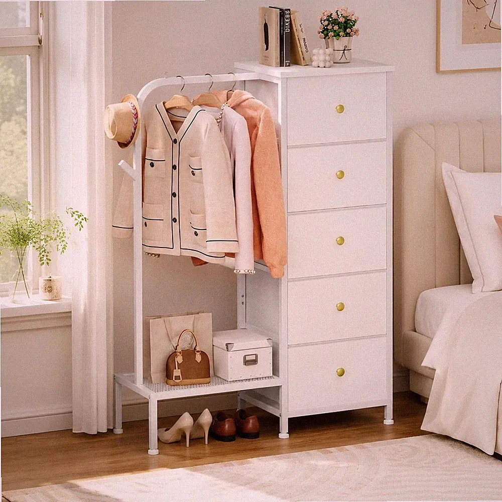 Schmaler Stoffkommode mit 5 Schubladen und Kleiderstange kleiderschrank mit H...