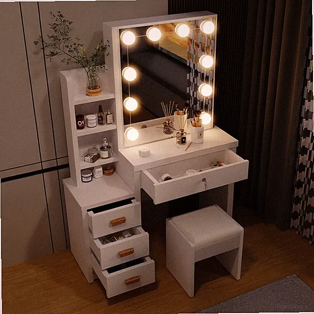 Schminktisch Set mit Hocker und LED-Spiegel Frisiertisch Kommode mit 4 Schublade