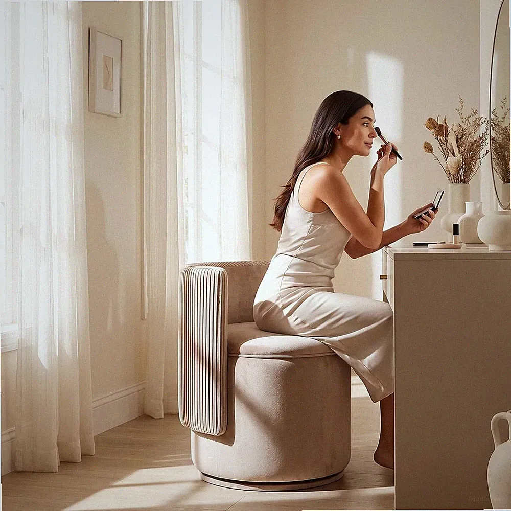 Schminktisch-Stuhl, Hocker mit Stauraum, Schminkhocker Samt 360° drehbarer,Bezug