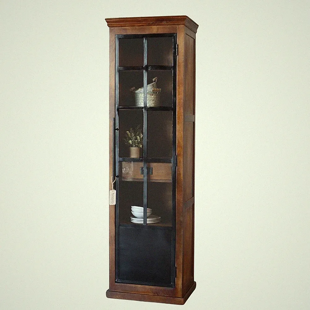 Schrank IVETTE 60cm schmal massiv Mangoholz Eisen Vitrine Industrial Hochschrank