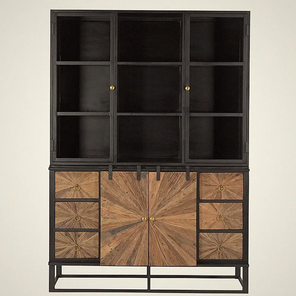 Schrank MERID Industrial Altholz Vitrine recyceltes Massivholz & Eisen Boho