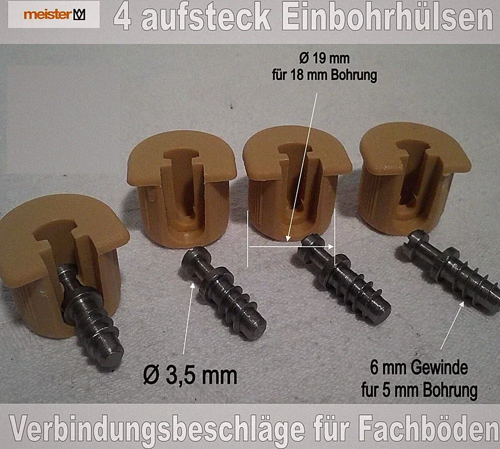 Schrankverbinder, Einbohrhülse, Möbelverbinder, Bodenträger, braun mit bolzen