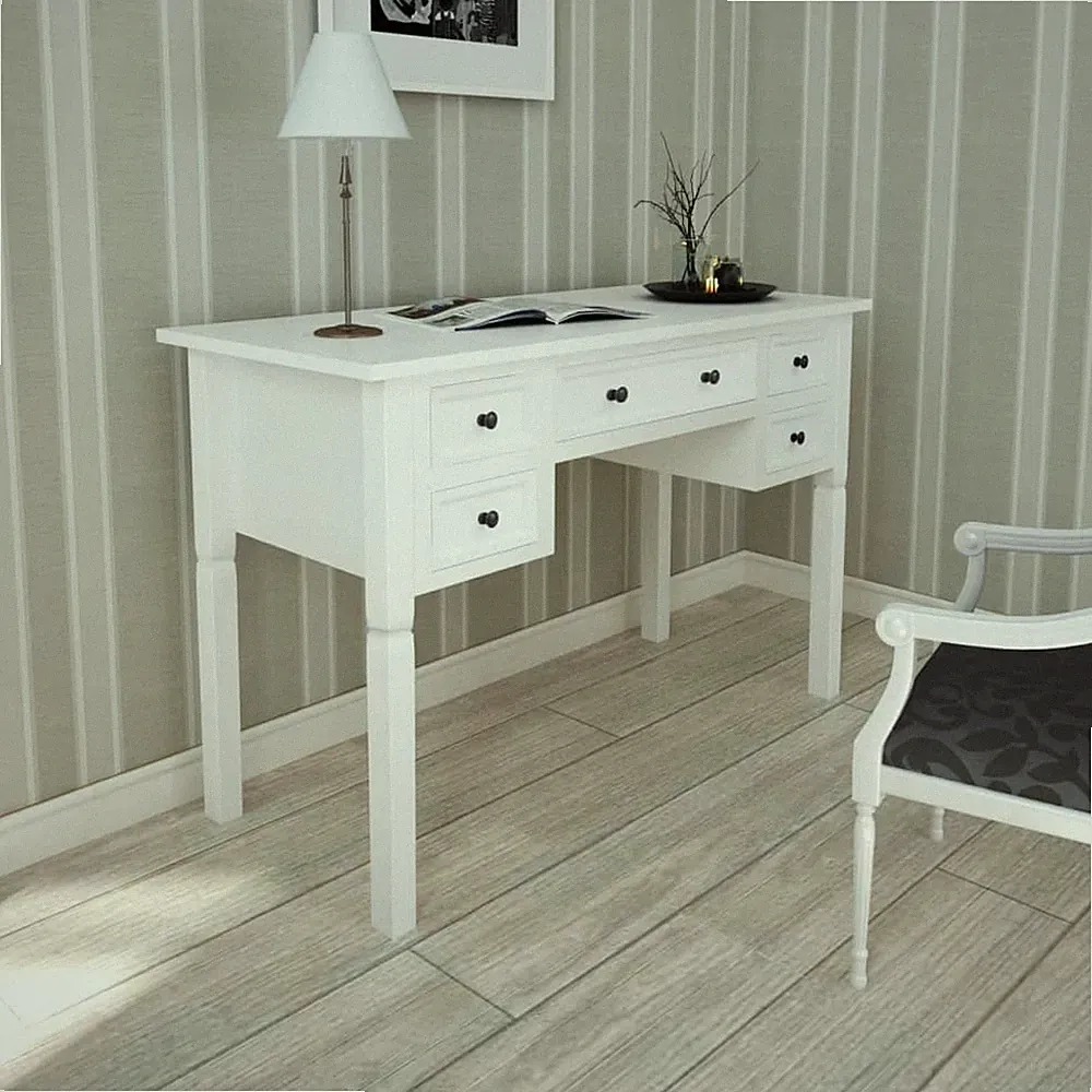Schreibtisch 110 cm Weiß 5 Schubladen Kiefernholz MDF lackiert Computertisch