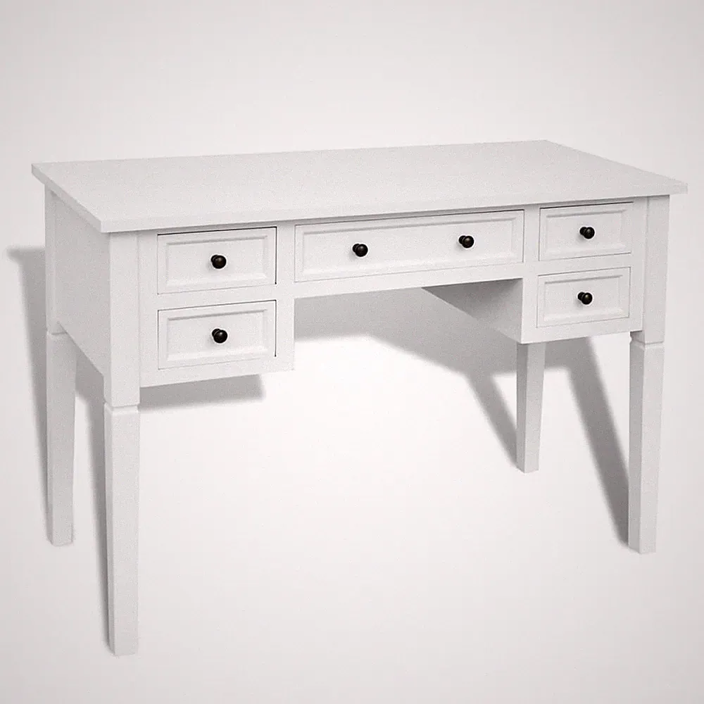 Schreibtisch 110 cm Weiß mit 5 Schubladen Kiefernholz MDF lackiert mit Mängel