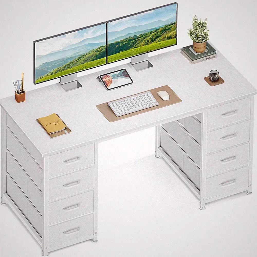 Schreibtisch 120x48 cm Weiß mit 8 Schubladen Computertisch