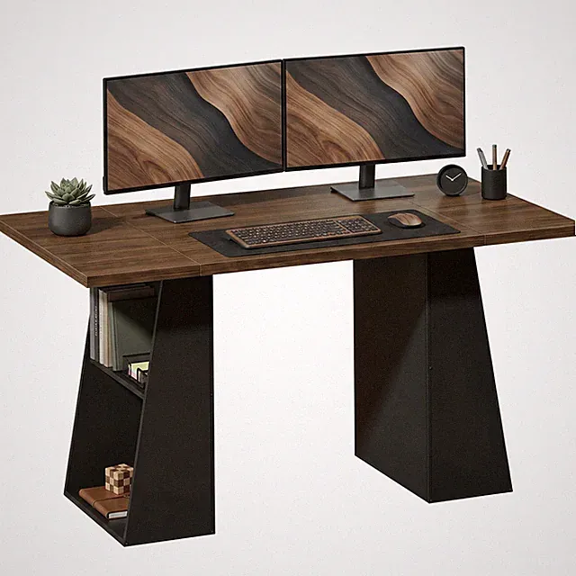 Schreibtisch 140 cm, Computertisch mit 4 offenen Ablagen, Braun, Schwarz
