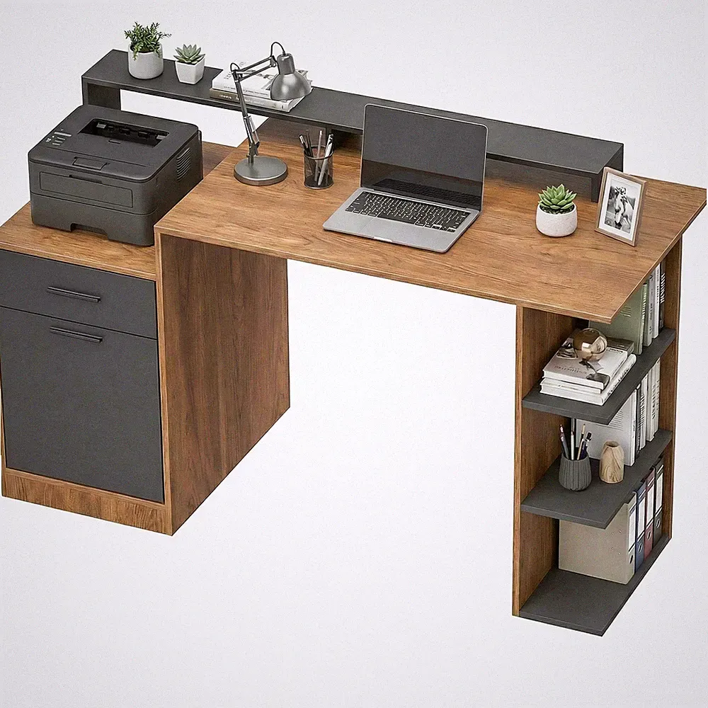 Schreibtisch 140x60cm Computertisch mit Schubladen, Kopfhörerhaken