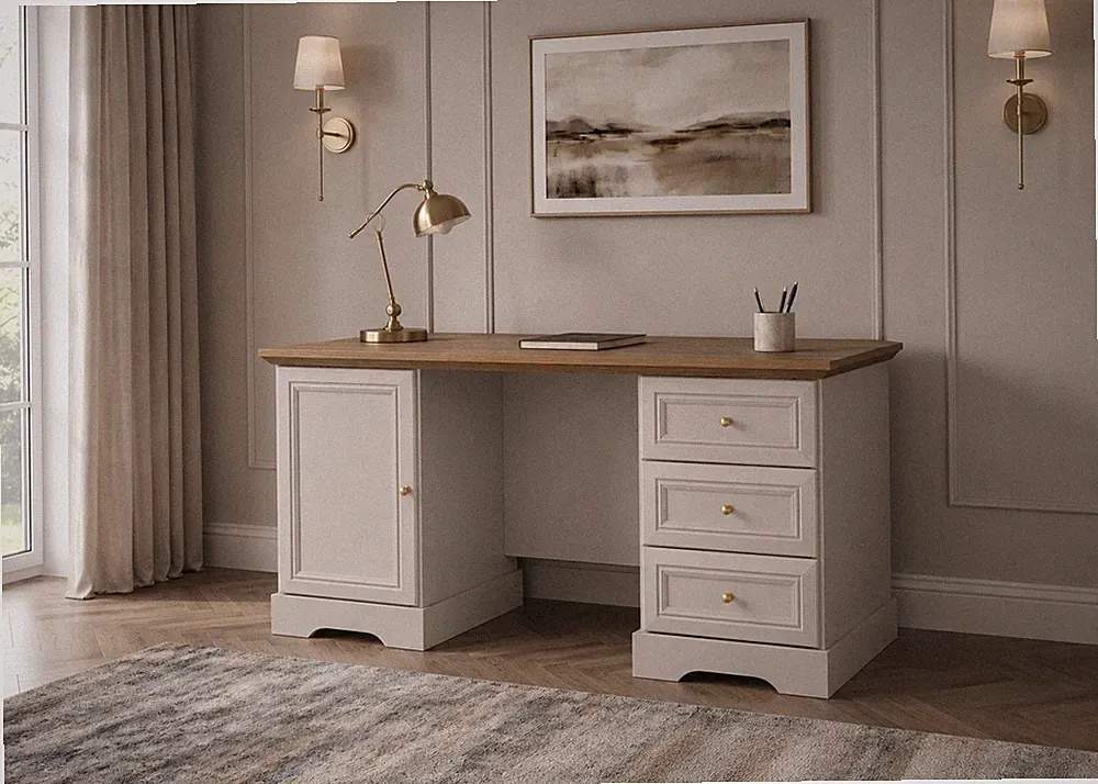 Schreibtisch 145 cm KORA KB Kaschmir / Eiche Mavelie 3 Schubladen 1 Schrank