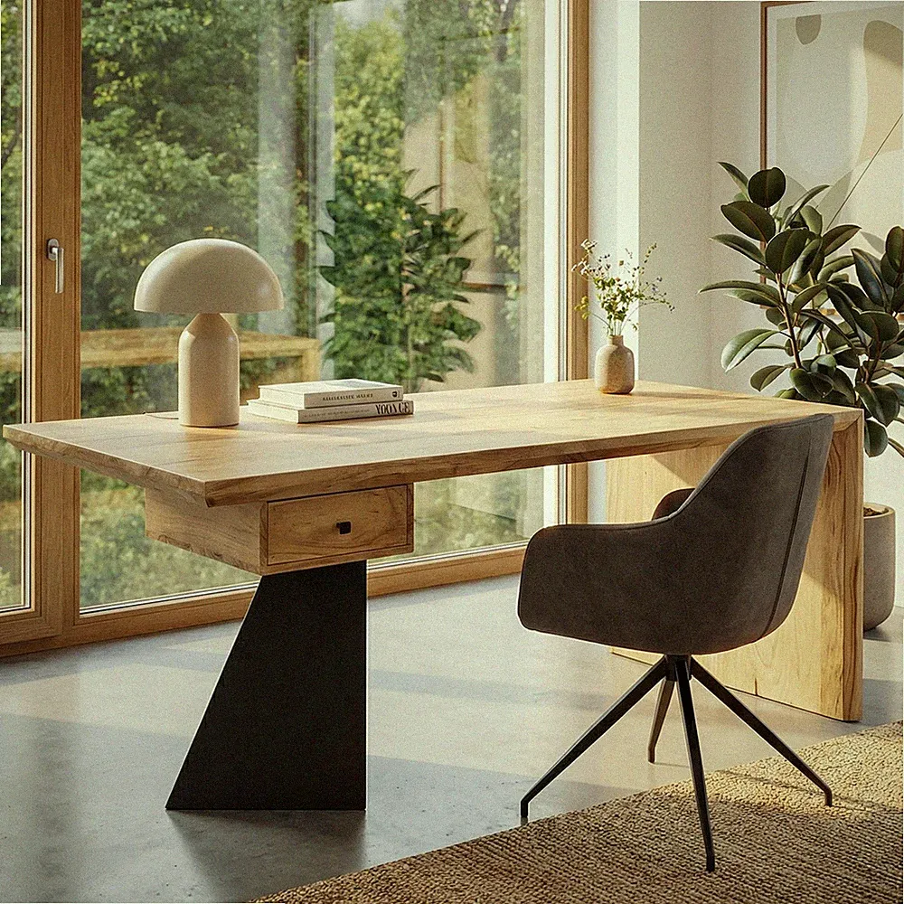 Schreibtisch 180 cm Massivholz Schublade Industrial Bürotisch Natur Holztisch