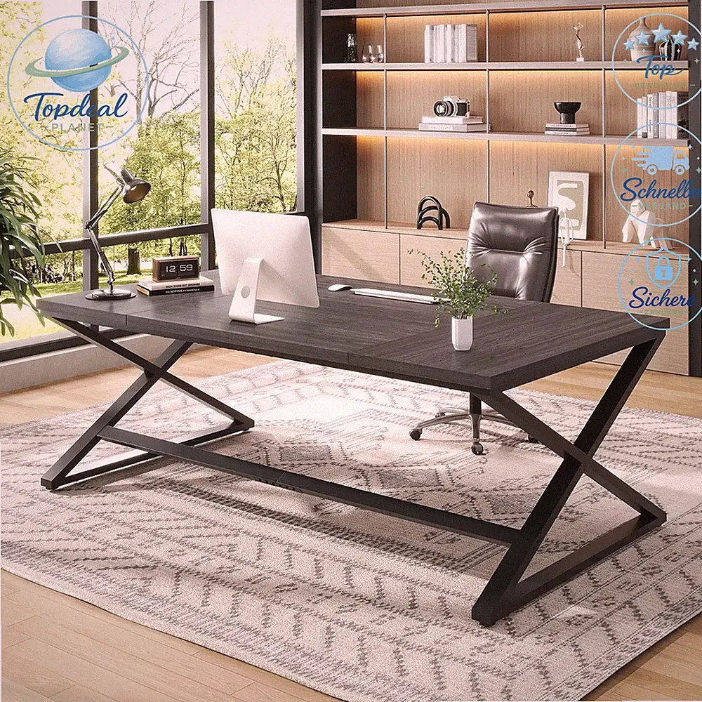 Schreibtisch 200 cm Groß X Bein Rustikal Eiche PC Tisch Computer Desk