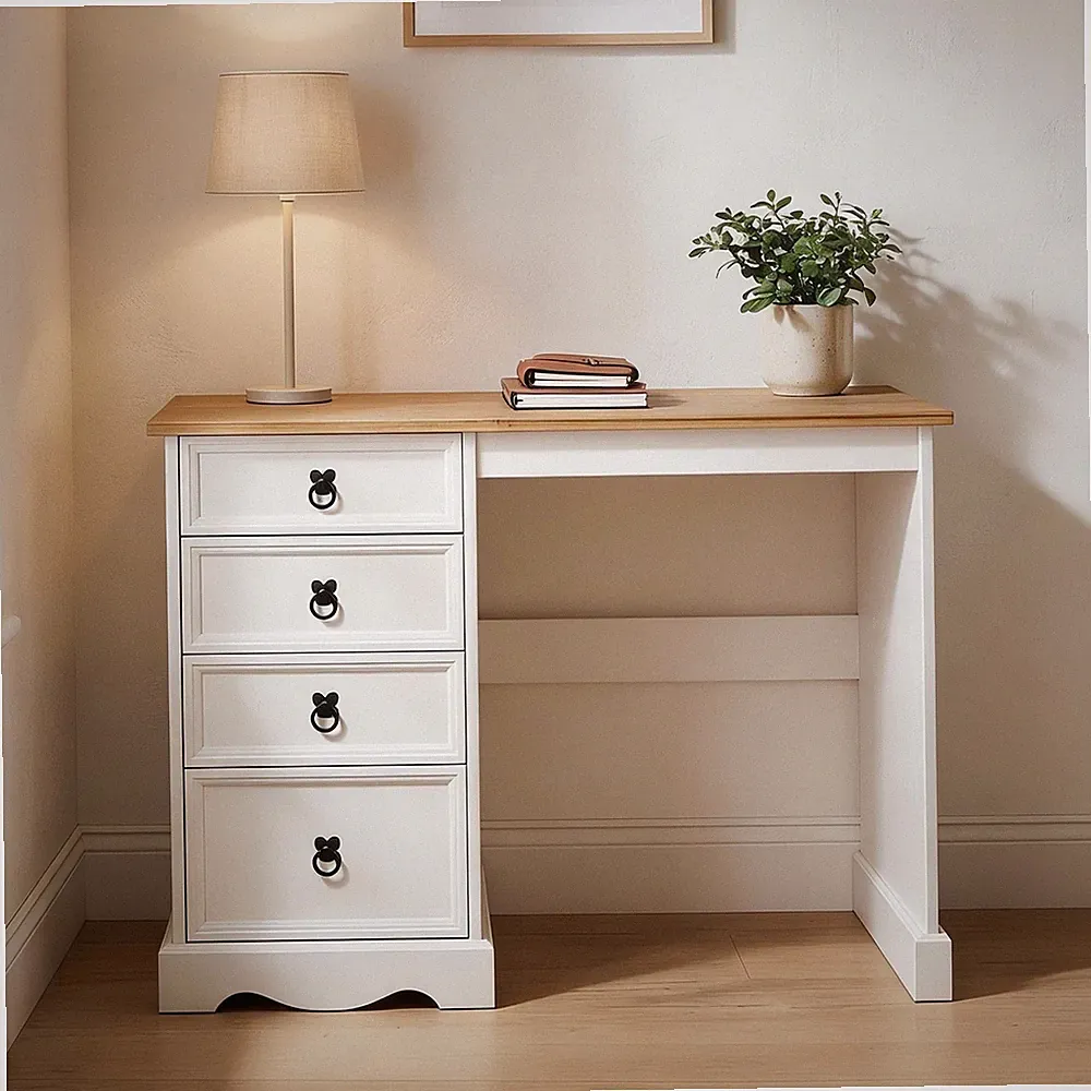 Schreibtisch aus Kiefer Bürotisch mit Schubladen Massivholz Mexiko Landhausstil