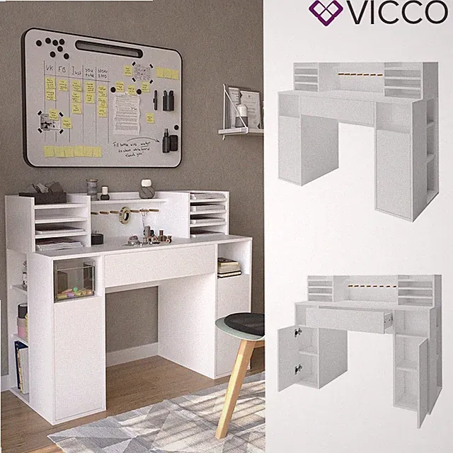 Schreibtisch Basteltisch XL 126,8 x 100 cm, Weiß mit Regale, Schubfach Vicco