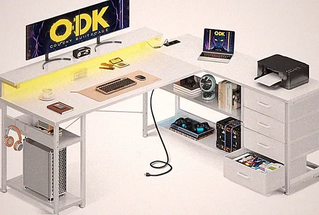 Schreibtisch Bürotisch Eckschreibtisch mit Schubladen, 2 Steckdosen, LED, 2 USB