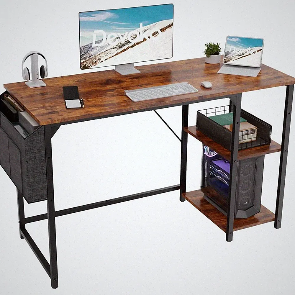 Schreibtisch Computertisch 140x50 cm 2 Ablagefächer Seitentasche Umkehrbar Regal