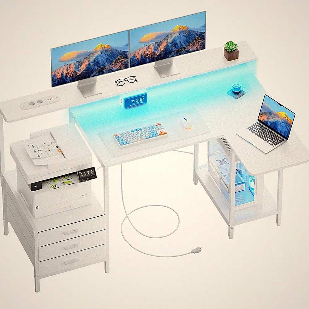 Schreibtisch Computertisch mit Schubladen, Monitorständer, Steckdose & LED, Weiß