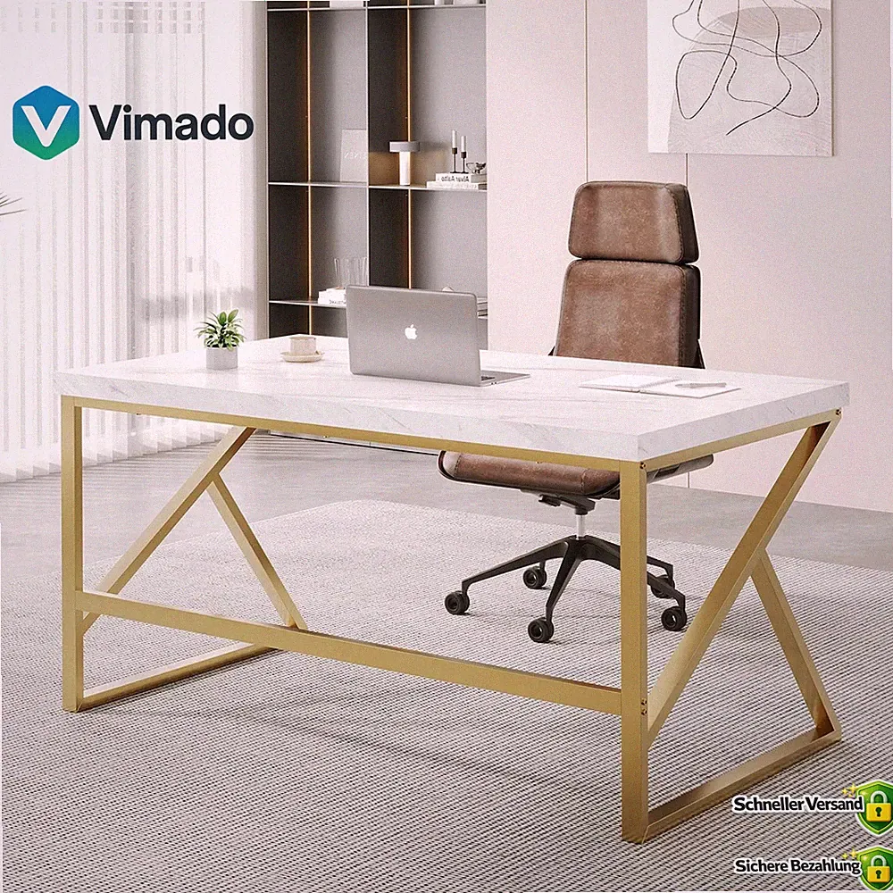 Schreibtisch Computertisch PC Tisch Weiß Gold 140 cm Bürotisch modern
