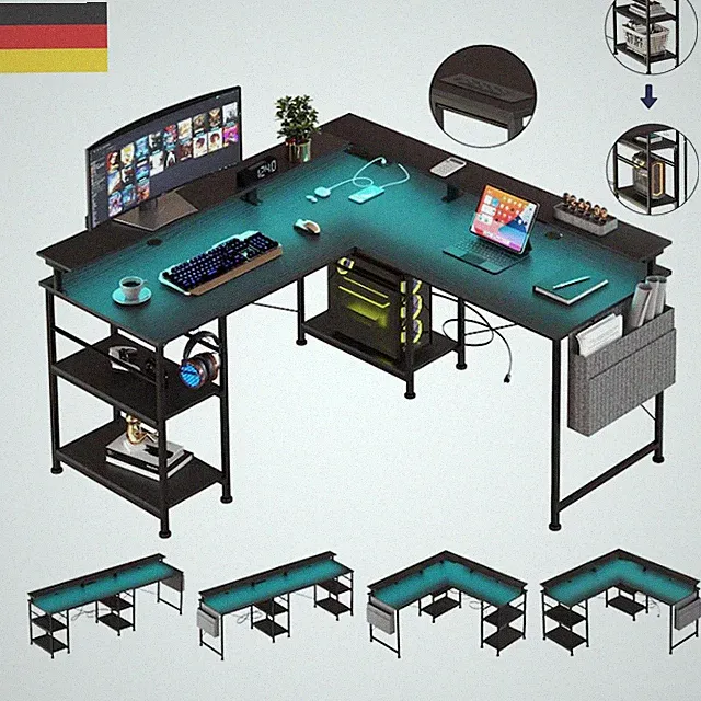 Schreibtisch Eckschreibtisch L-förmiger PC Gaming-Schreibtisch mit Steckdosen