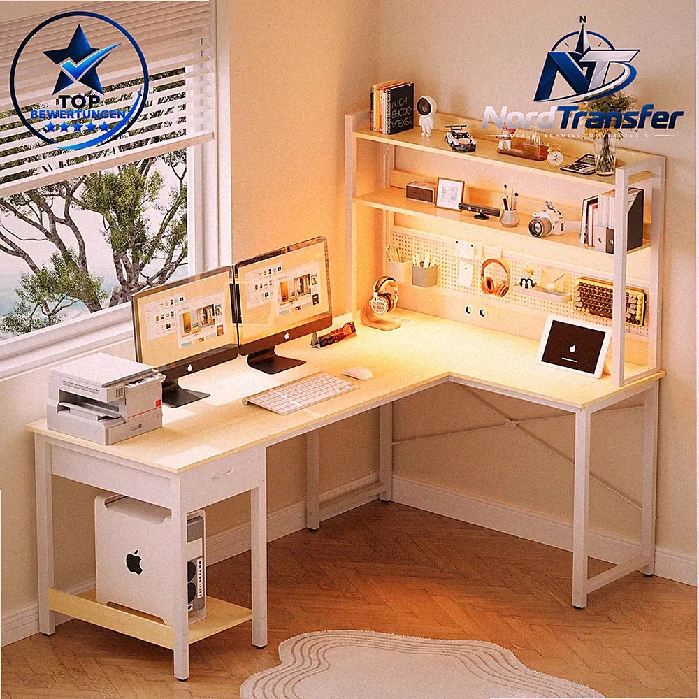 Schreibtisch Eckschreibtisch L-Form mit Lochwand 135x90cm Holz Weiß Gaming