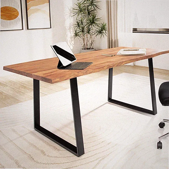 Schreibtisch FineBuy 200 cm Akazie Massivholz Bürotisch Computertisch Baumkante