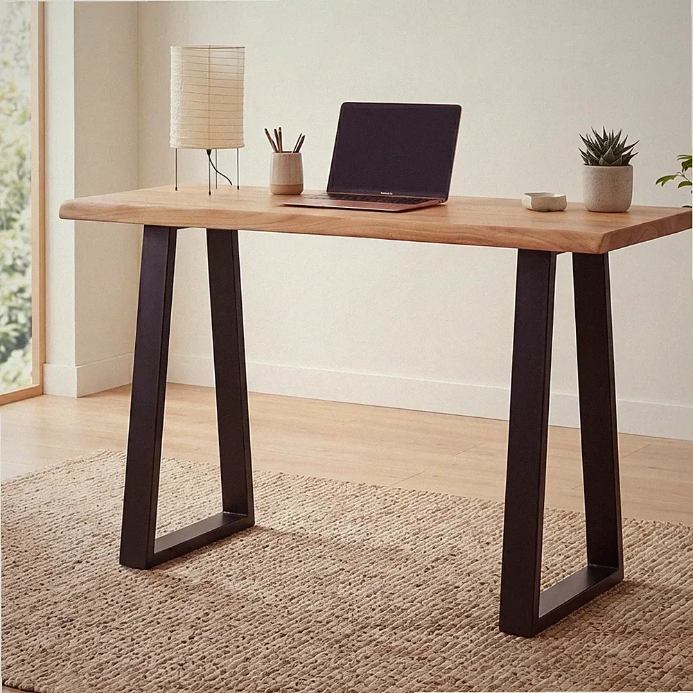 Schreibtisch FineBuy Bürotisch 118 cm Akazie Massivholz Laptoptisch Baumkante