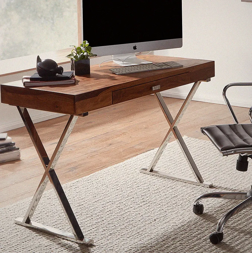 Schreibtisch FineBuy Bürotisch 120x55 cm Massivholz Metall Computertisch Tisch