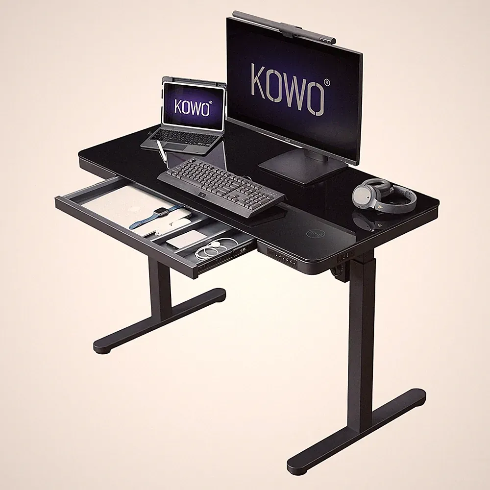 Schreibtisch Höhenverstellbar Elektrischer Glas Bürotisch mit Schubladen Schwarz
