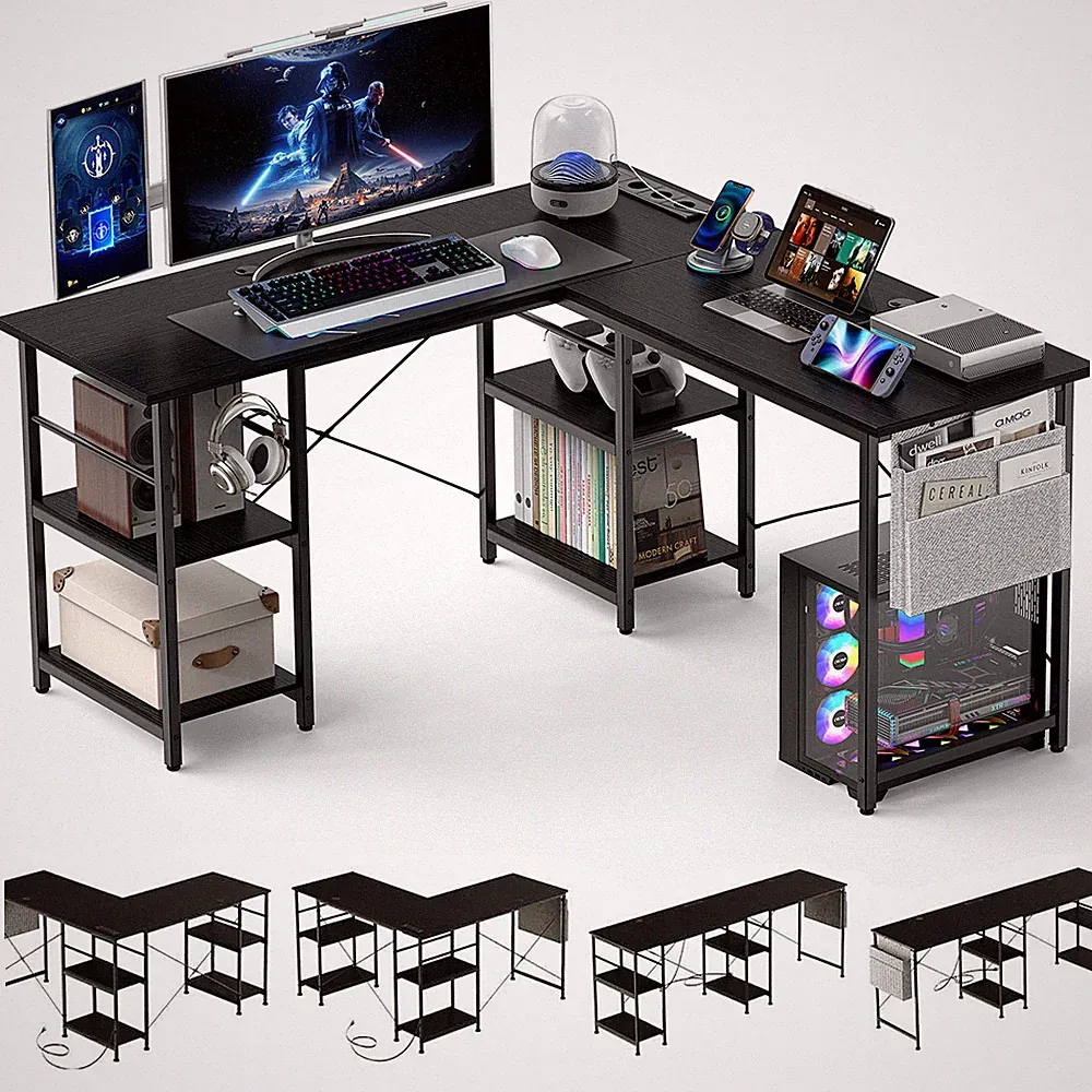 Schreibtisch L-förmiger 140cm Computertisch mit RGB-LED, Stauraum Gaming Tisch