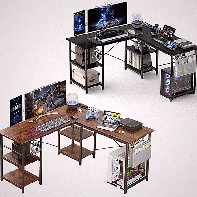 Schreibtisch L-förmiger PC Gaming Schreibtisch mit Steckdosen Ablagefächern