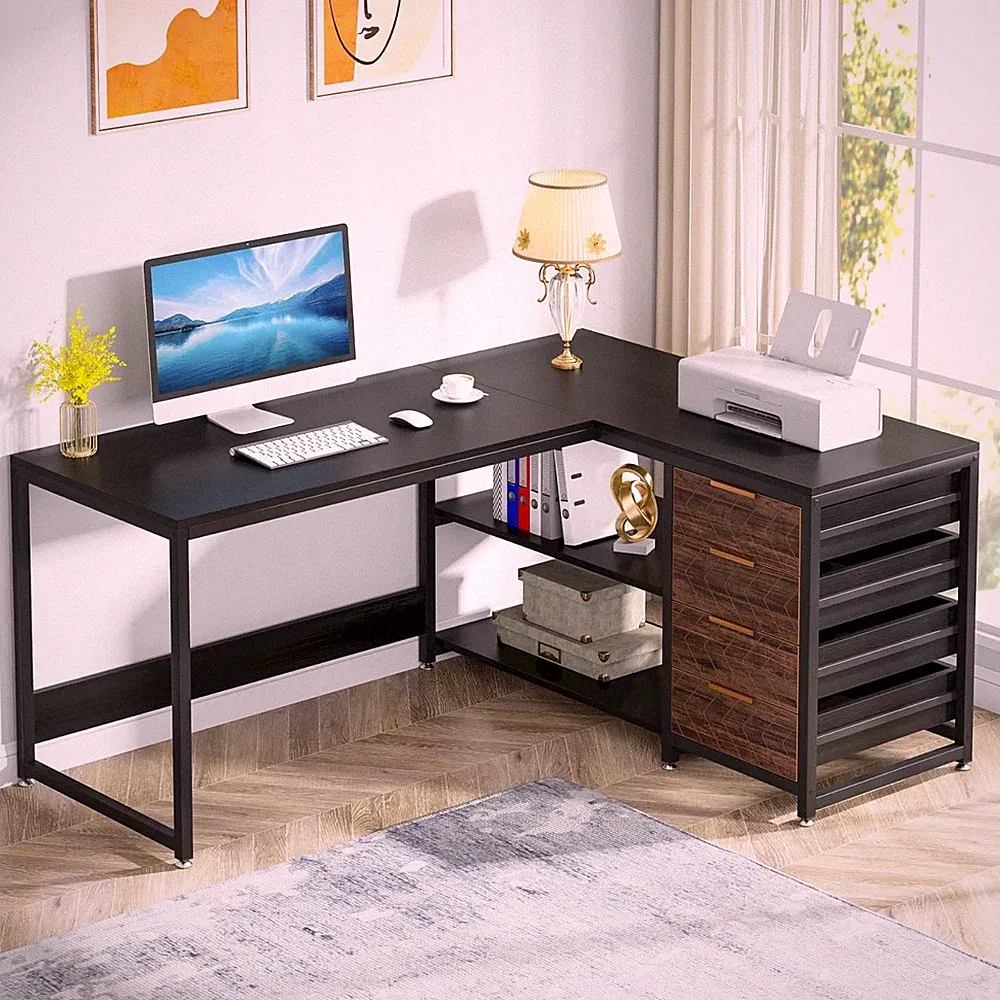 Schreibtisch mit 4 Schubladen, L-förmiger Computertisch für Büro, 155×110×75cm