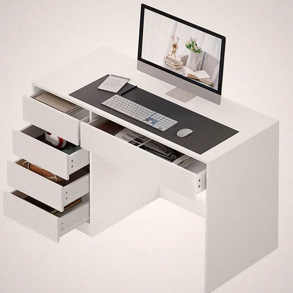 Schreibtisch mit 5 Schubladen 120x55cm Computertisch mit Stauraum Bürotisch Weiß