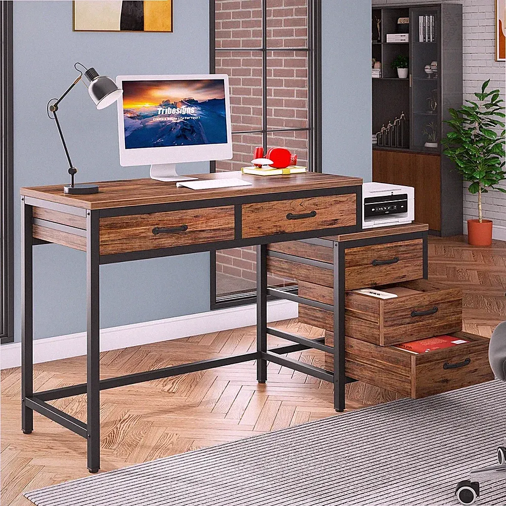 Schreibtisch mit 5 Schubladen,130cm Computertisch PC Tisch Officetisch fürs Büro