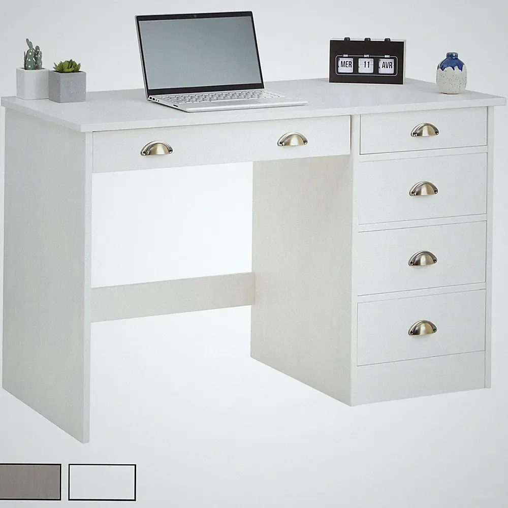 Schreibtisch mit 5 Schubladen aus Massivholz Muschelgriffe Landhaus