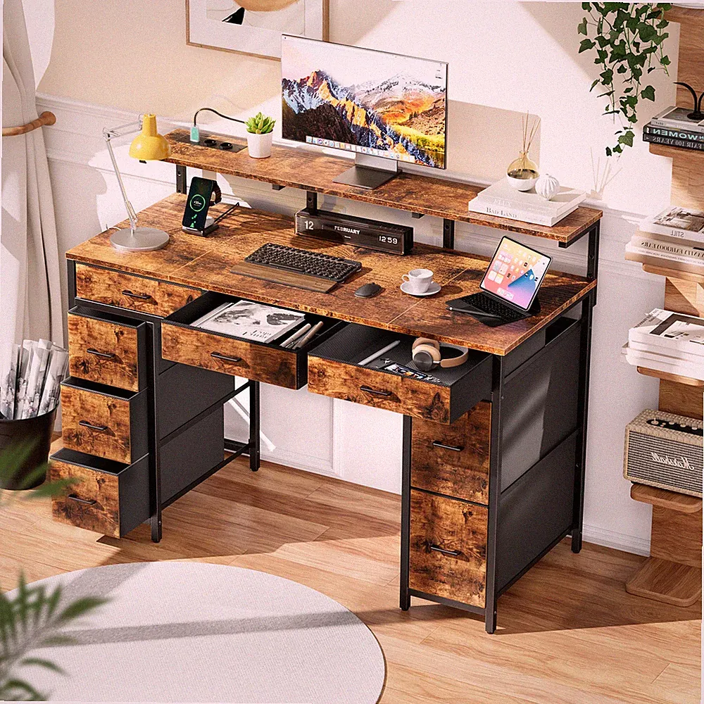 Schreibtisch mit 8 Schubladen, Computertisch mit LED & 2 USB-Anschlüsse, Braun