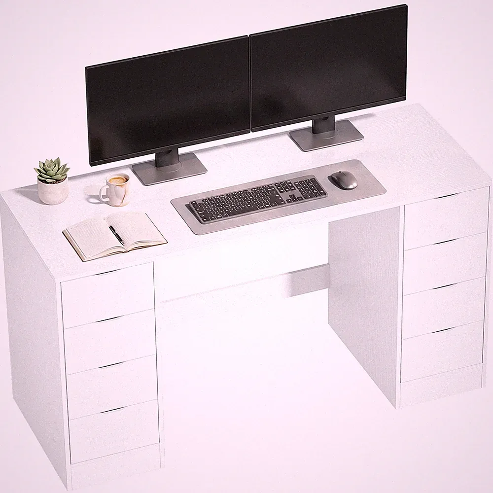 Schreibtisch mit 8 Schubladen Moderner Bürotisch 140 x 53 x 75 cm Weiß