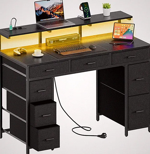 Schreibtisch mit 8 Schubladen & Steckdose, Gaming Tisch mit LED & Monitorständer