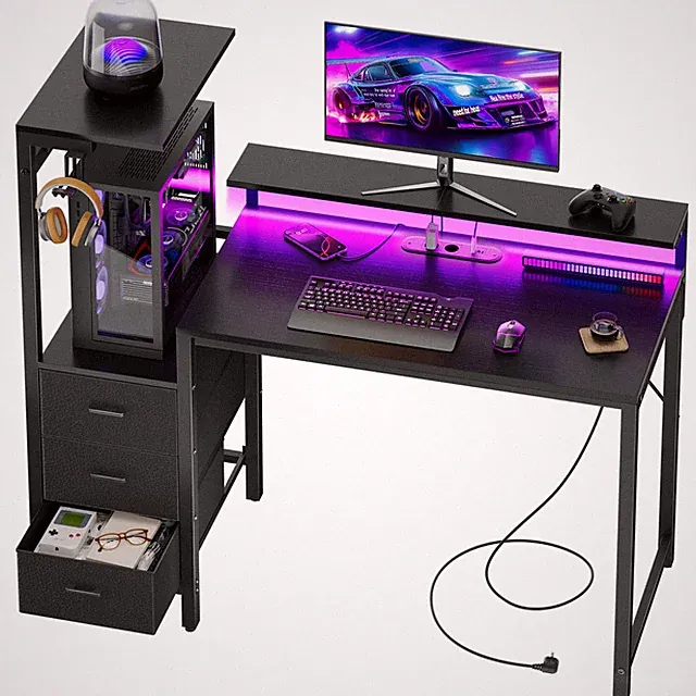Schreibtisch mit LED & Monitorständer, Gaming Tisch mit 3 Stoff Schubladen
