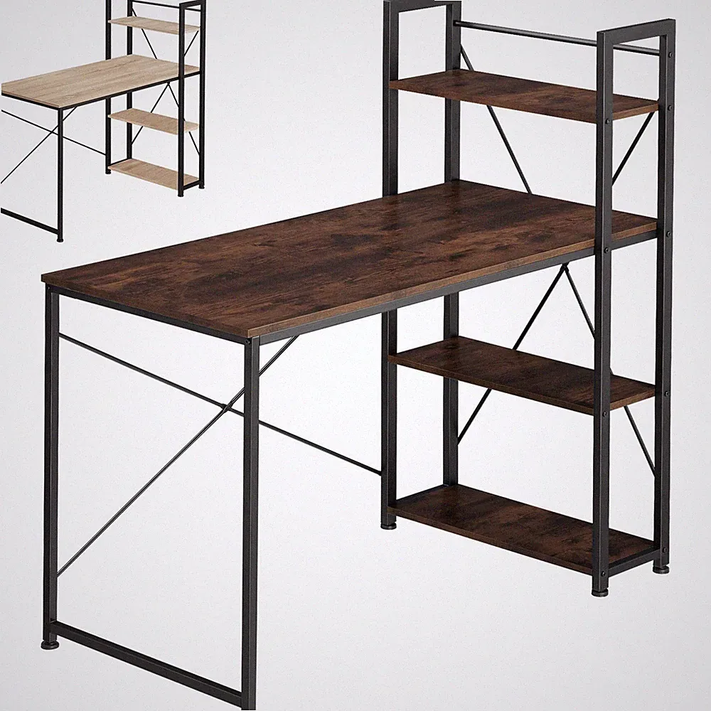 Schreibtisch mit Regal Bürotisch Arbeitstisch 3 Ablagen Industrial Holz + Metall