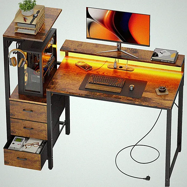 Schreibtisch mit Schubladen & Steckdose, Computertisch mit LED & Monitorständer