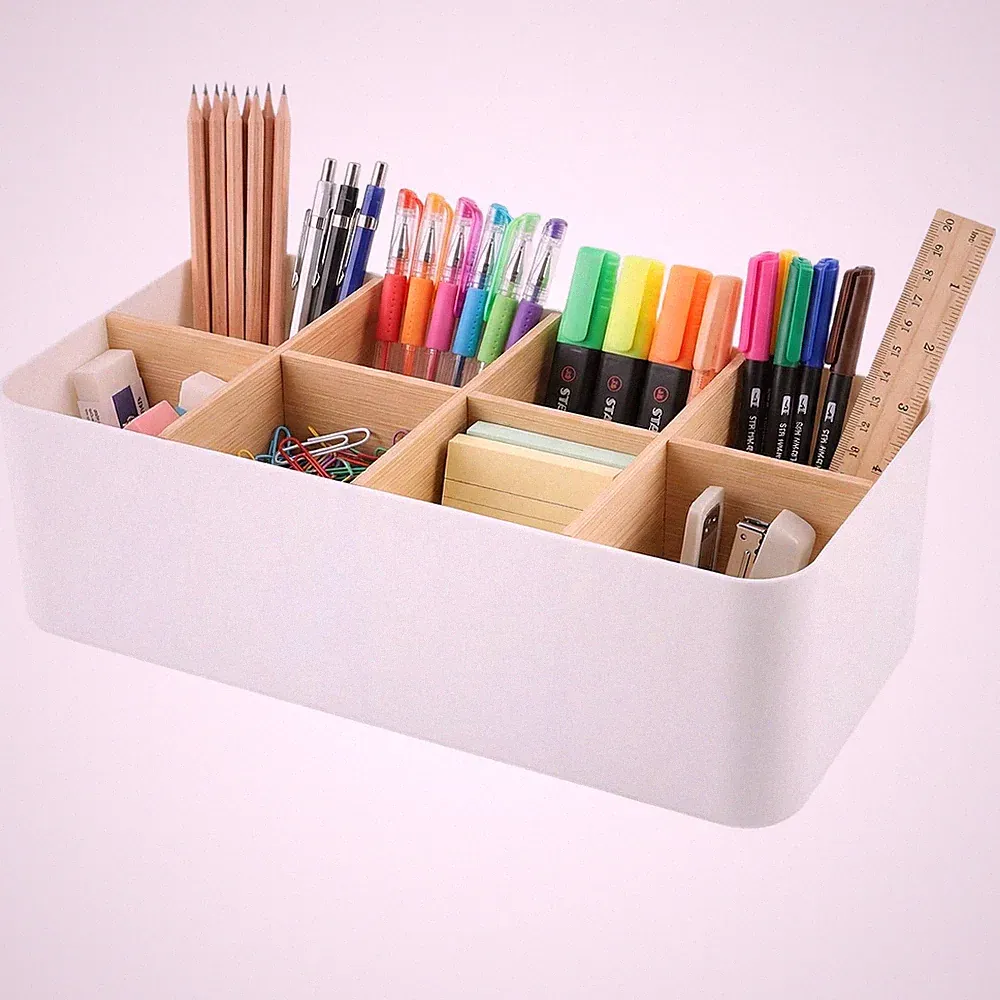 Schreibtisch Organizer 8 Fächer Stiftehalter Bambus Büro Aufbewahrung Weiß 27cm