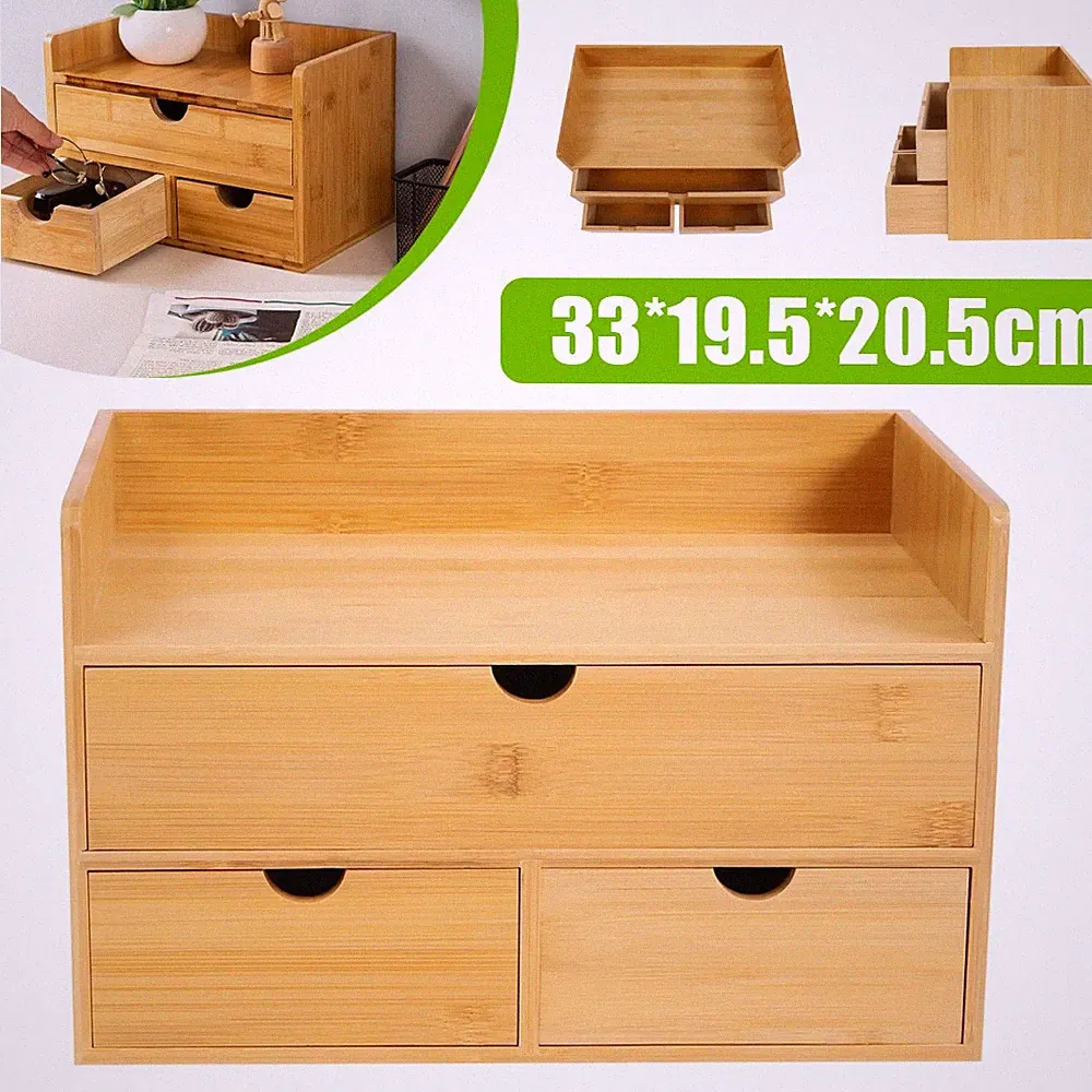 Schreibtisch organizer Büroablage Schubladen-Box 3 Fächer Naturfarbe Bambus NEU