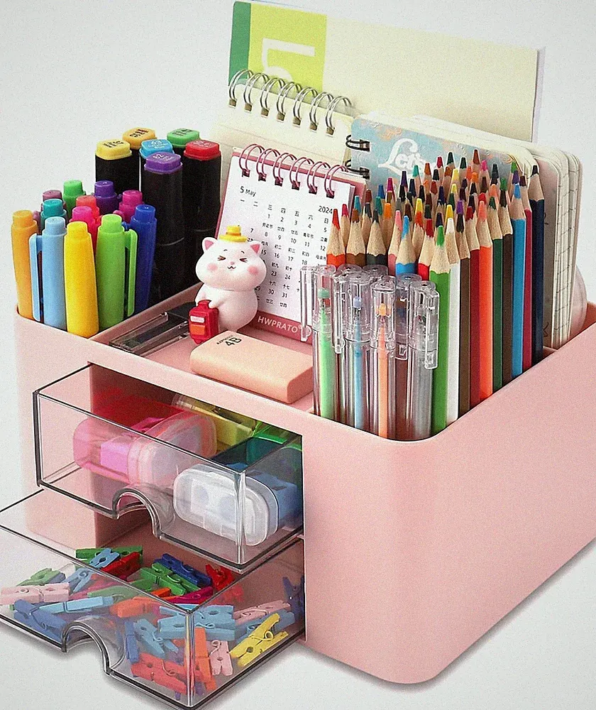 Schreibtisch Organizer Mit 4 Fächern Und 2 Schubladen, 19X14Cm Multifunktionaler