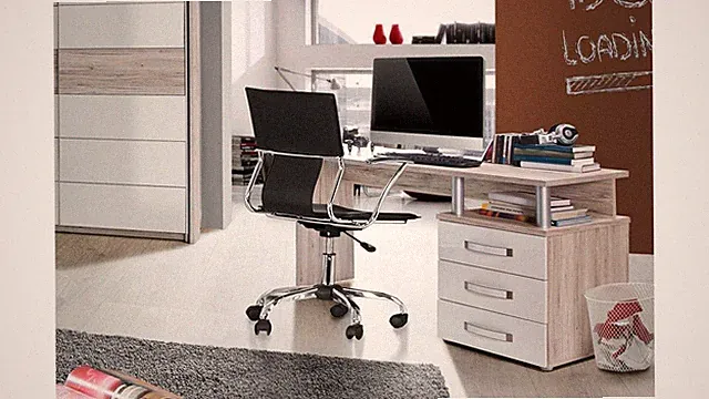 Schreibtisch Rondino Bürotisch Tisch in Sandeiche und weiß Hochglanz 138x60 cm